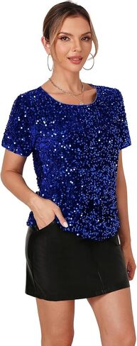Women's Sequin Tops Sparkly Shirt Glitter Short Sleeve Tee Round Neck Velvet Tunic Party Disco Clubwear Blouse in Kuwait