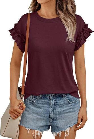AUTOMET Womens Tshirts Short Sleeve Casual Summer Tops 2025 Ruffle Crewneck Trendy Fashion Dressy Cute Work Outfits in Kuwait