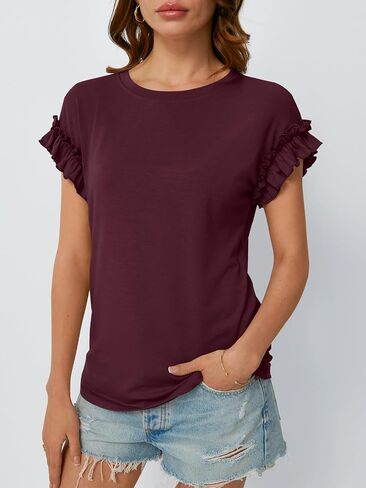 AUTOMET Womens Tshirts Short Sleeve Casual Summer Tops 2025 Ruffle Crewneck Trendy Fashion Dressy Cute Work Outfits in Kuwait