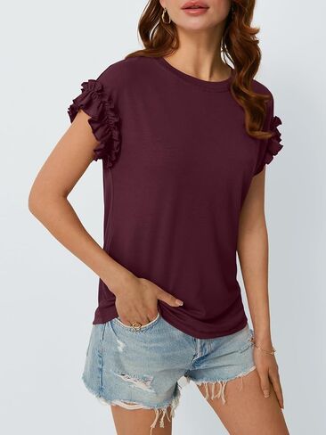 AUTOMET Womens Tshirts Short Sleeve Casual Summer Tops 2025 Ruffle Crewneck Trendy Fashion Dressy Cute Work Outfits in Kuwait