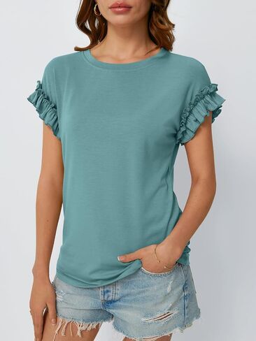 AUTOMET Womens Tshirts Short Sleeve Casual Summer Tops 2025 Ruffle Crewneck Trendy Fashion Dressy Cute Work Outfits in Kuwait