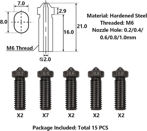 طقم فوهات 15 قطعة لـ Anycubic Vyper، طابعة ثلاثية الأبعاد 7 قطع فوهات نحاسية 0.4 مم و2 قطعة فوهات نحاسية 0.2 مم، 0.6 مم، 0.8 مم، 1.0 مم لمجموعة فوهات نحاسية لـ Anycubic Vyper، Kobra Plus، Kobra Max in Kuwait
