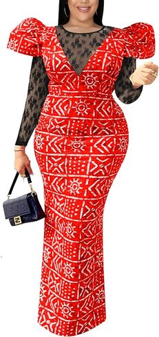 ONTINVA Women African Printed Long Party Dress Lace PatchworkSee Through Vintage Elegant Evening Gown in Saudi Arabia
