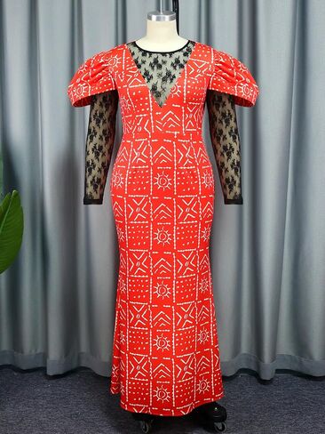 ONTINVA Women African Printed Long Party Dress Lace PatchworkSee Through Vintage Elegant Evening Gown in Saudi Arabia