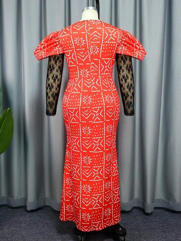 ONTINVA Women African Printed Long Party Dress Lace PatchworkSee Through Vintage Elegant Evening Gown in Saudi Arabia