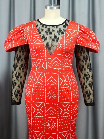 ONTINVA Women African Printed Long Party Dress Lace PatchworkSee Through Vintage Elegant Evening Gown in Saudi Arabia