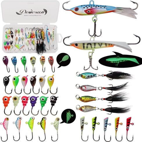 Dovesun 135Pcs Ice Fishing Lures Kit Ice Fishing Jigs Crappie Lures Ice Fishing Lures for Panfish Bass Walleye Crappie Jigs Ice Fishing Gift Ice Fishing Gear Accessories Tackle Glow in The Dark in Kuwait