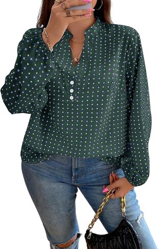 SOLY HUX Women's Plus Size Allover Printed Notched V Neck Long Sleeve Casual Blouse Tops in Saudi Arabia