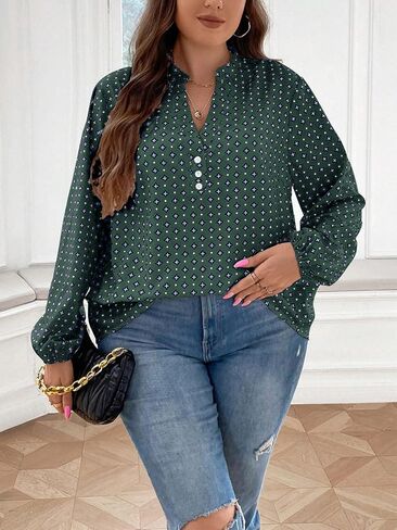 SOLY HUX Women's Plus Size Allover Printed Notched V Neck Long Sleeve Casual Blouse Tops in Saudi Arabia
