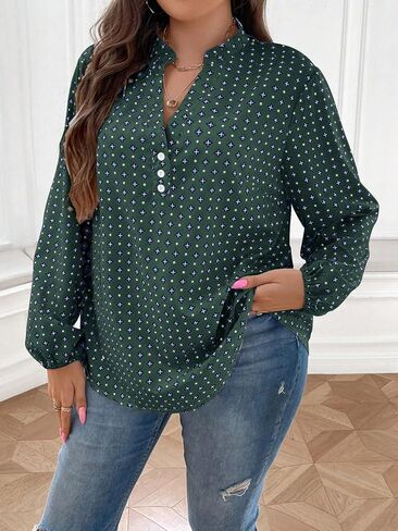SOLY HUX Women's Plus Size Allover Printed Notched V Neck Long Sleeve Casual Blouse Tops in Saudi Arabia