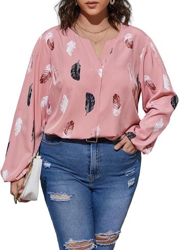 SOLY HUX Women's Plus Size Allover Printed Notched V Neck Long Sleeve Casual Blouse Tops in Saudi Arabia