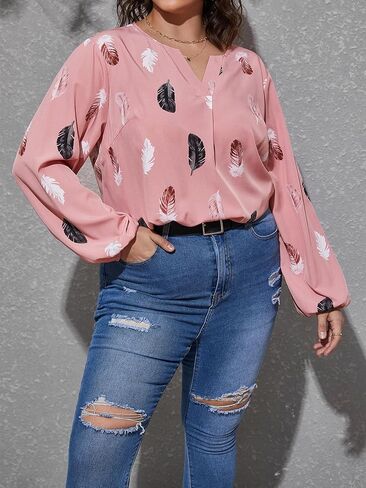 SOLY HUX Women's Plus Size Allover Printed Notched V Neck Long Sleeve Casual Blouse Tops in Saudi Arabia