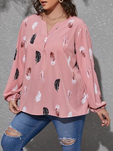 SOLY HUX Women's Plus Size Allover Printed Notched V Neck Long Sleeve Casual Blouse Tops in Saudi Arabia