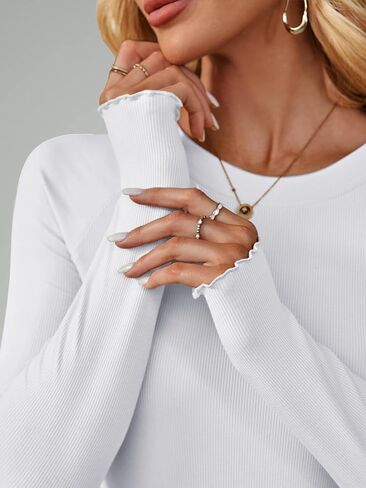 HDLTE Long Sleeve Tops for Women – Basic Ribbed Shirts Fitted Cute Lettuce Hem Undershirt Teens Going Out Outfits Fall 2024 in Saudi Arabia