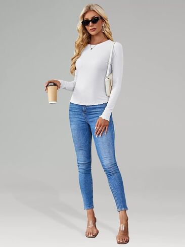 HDLTE Long Sleeve Tops for Women – Basic Ribbed Shirts Fitted Cute Lettuce Hem Undershirt Teens Going Out Outfits Fall 2024 in Saudi Arabia