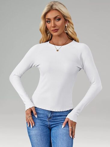 HDLTE Long Sleeve Tops for Women – Basic Ribbed Shirts Fitted Cute Lettuce Hem Undershirt Teens Going Out Outfits Fall 2024 in Saudi Arabia