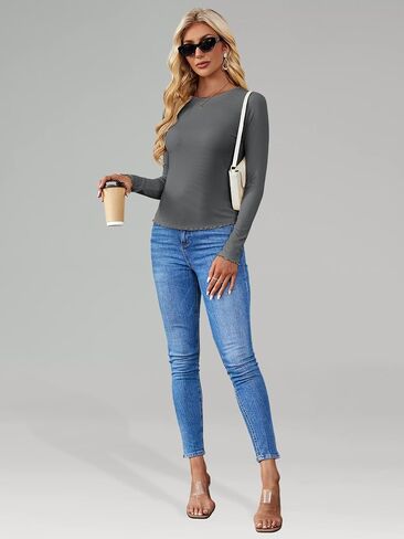 HDLTE Long Sleeve Tops for Women – Basic Ribbed Shirts Fitted Cute Lettuce Hem Undershirt Teens Going Out Outfits Fall 2024 in Saudi Arabia