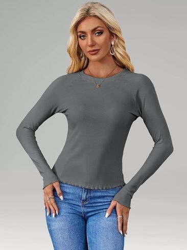 HDLTE Long Sleeve Tops for Women – Basic Ribbed Shirts Fitted Cute Lettuce Hem Undershirt Teens Going Out Outfits Fall 2024 in Saudi Arabia