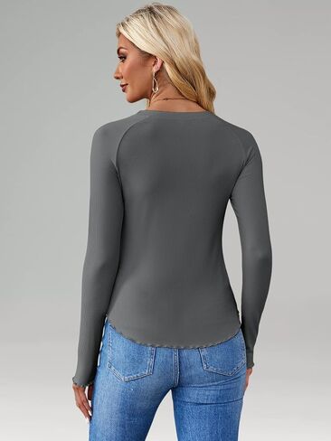 HDLTE Long Sleeve Tops for Women – Basic Ribbed Shirts Fitted Cute Lettuce Hem Undershirt Teens Going Out Outfits Fall 2024 in Saudi Arabia