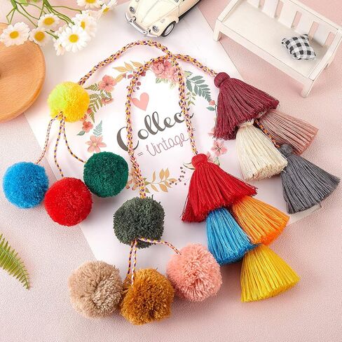 Tassel Boho Pom Pom Handbag Decor,21 Inch Straw Bag Charms Ornaments For Women,Handmade Decor (Multicolor) in Kuwait