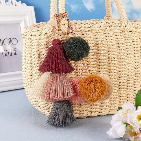 Tassel Boho Pom Pom Handbag Decor,21 Inch Straw Bag Charms Ornaments For Women,Handmade Decor (Multicolor) in Kuwait