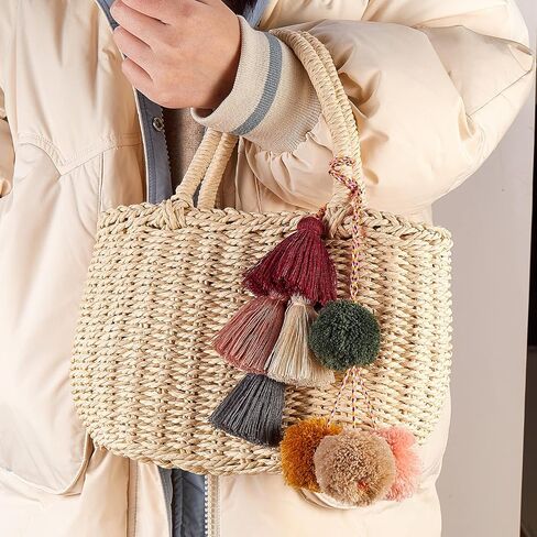 Tassel Boho Pom Pom Handbag Decor,21 Inch Straw Bag Charms Ornaments For Women,Handmade Decor (Multicolor) in Kuwait