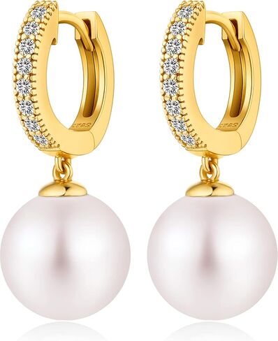 Pearl Dangle Drop Earrings for Women 925 Sterling Silver Pearl Hoop Earrings Cubic Zirconia Pearl Dangling Earrings for Women 10MM in Saudi Arabia