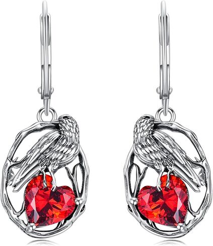 LONAGO Crow Earrings for Women 925 Sterling Silver Raven with Heart Cut Birthstone Drop Dangle Earrings for Mother's Day Gifts in Kuwait