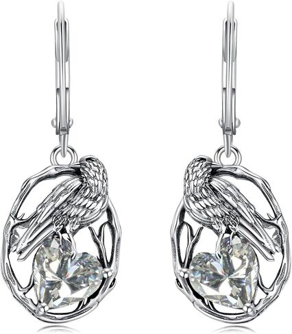 LONAGO Crow Earrings for Women 925 Sterling Silver Raven with Heart Cut Birthstone Drop Dangle Earrings for Mother's Day Gifts in Kuwait
