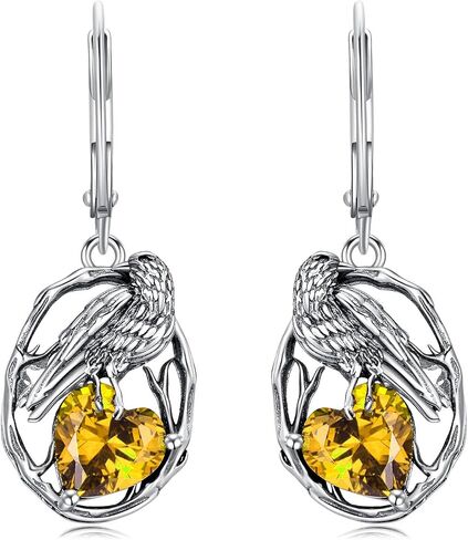 LONAGO Crow Earrings for Women 925 Sterling Silver Raven with Heart Cut Birthstone Drop Dangle Earrings for Mother's Day Gifts in Kuwait