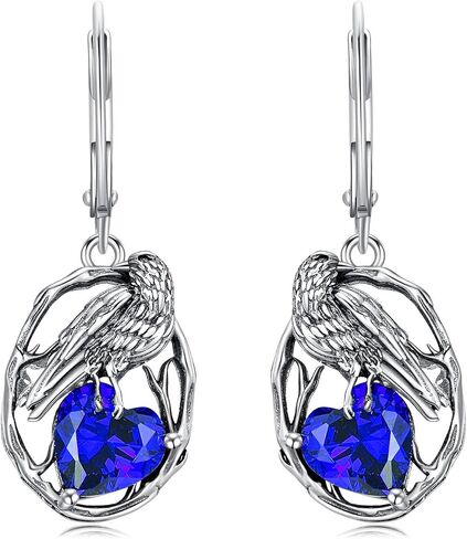 LONAGO Crow Earrings for Women 925 Sterling Silver Raven with Heart Cut Birthstone Drop Dangle Earrings for Mother's Day Gifts in Kuwait
