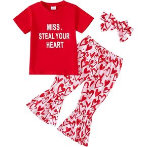 Tinypainter Toddler Girl Valentines Day Outfit Letter T-Shirt+Love Heart Bell Buttoms Pants+Headband Summer Clothes Set 2-7T in Kuwait