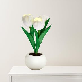 Sunset Ridge Light up LED Tulip Flowers. (Set of 1) 8 inch Height. 4 inch Wide White Resin Flower vase with 3 dimmable LED Tulips. Beautiful nightlight Perfect for Any Candle Setting, White