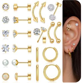 12Pairs Flat Back Earrings for Women 20G Surgical Steel Gold Flat Back Stud Earrings for Sensitive Ears Helix Conch Stackable Gold Hoop Screw Back Earring Sets for Multiple Piercing