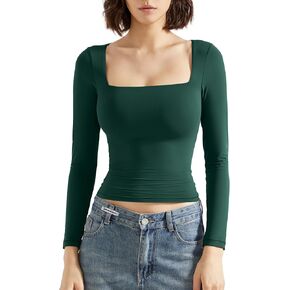 SUUKSESS Women Square Neck Long Sleeve Tops Double Lined Going Out T Shirts