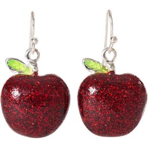 Artisan Owl - Red Apple Sparkling Enamel Polished Silver Tone Fruit Dangle Earrings