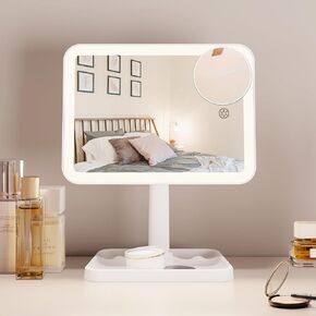 FUNTOUCH Rechargeable Makeup Mirror with Lights, 96 LED Lighted Makeup Vanity Mirror with Phone Holder and 10X Magnifying Mirror, 3Color Lighting Light Up Cosmetic Mirror with Dimmable Sensor Touch