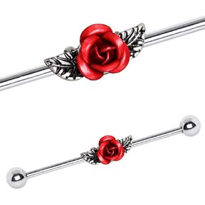 14 Gauge 1 &1/2 Inch 5mm Ball Ends Red Rose Over 316L Surgical Steel Industrial Barbells T272