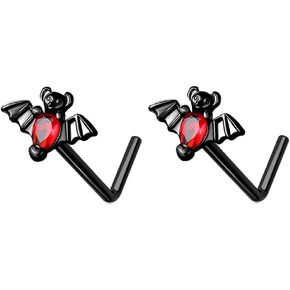 2Pcs 20G Black Bat L-Shaped Nose Studs Rings Surgical Stainless Steel Cubic Zirconia Bats Nose Nostrial Piercing Jewelry for Women Men