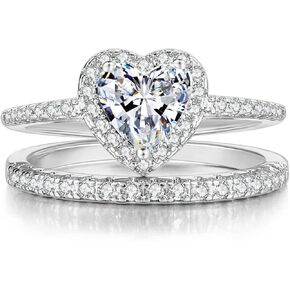 Wedding Ring for Women Two-in-One Love Heart Cubic Zirconia Ring Set 18K White/Rose Gold Plated Engagement Band Set Bridal Promise Wedding Stackable Band Size 5-10
