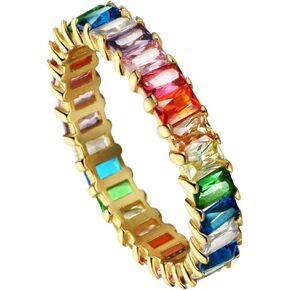 Michooyel Sterling Silver Eternity Rainbow Ring Band Ring for Women 18K Gold Plated Baguette Multicolor Cubic Zirconia Eternity Ring