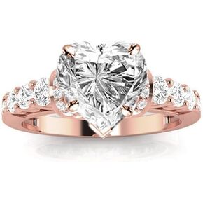 14K White Gold 4 Carat LAB GROWN DIAMOND Designer Four Prong Pave Set Round Heart Cut Diamond Engagement Ring (E-F Color VS1-VS2 Clarity 3 Ct Center)