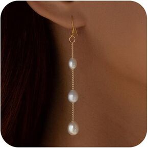 Pearl Earrings for Women - 18K Long Pearl Dangle Earrings Bridal Wedding Earrings Gold Pearl Drop Earrings for Women Elegant Jewelry Gifts