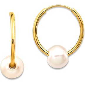 14k Real Yellow Gold 5.5 mm White Round Freshwater Cultured Pearl Endless Hoop Earrings