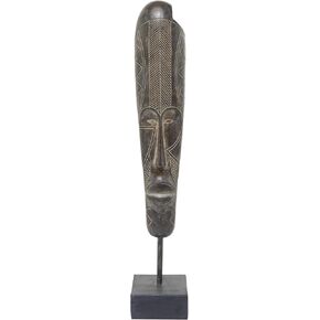 Deco 79 Polystone Mask Decorative Sculpture Slim Carved African Tribal Home Decor Statue with Block Base, Accent Figurine 5" x 6" x 30", Brown
