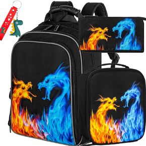 3PCS Kids Backpack for Boys, 16 Inch Red Blue Fire Dragon Water Resistant Preschool Backpacks, Elementary Kindergarten School Bookbag Set for Teen Travel