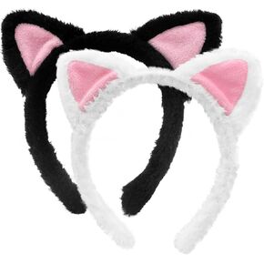 2-Pack Black and White Cat Ears Headbands - Pink Inner Ears, Fuzzy Kitten Headwear, Hair Accessories for Adults Kids, Spa, Skin Care, Plush Makeup, Halloween, Cosplay, and Animal-Themed Party Supplies