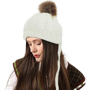 Campsis Winter Pompom Knitted Beanie Hat White Thick Fuzzy Fur Skull Hats Wool Warm Knit Beanie Cap with Rope Skiing Cycling Camping Hiking for Women and Girls