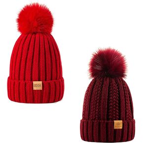 REDESS Womens Winter Knitted Beanie Hat Warm Fleece Lined with Pompom Cap Slouchy Ski Cap