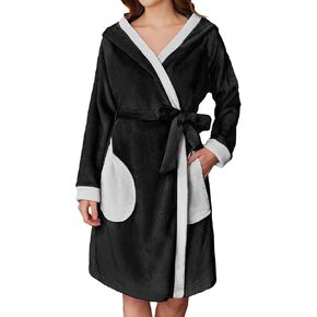 Ekouaer Women's Robes Knee Length Hooded Bathrobe Cute House Coats with Pockets Black Large